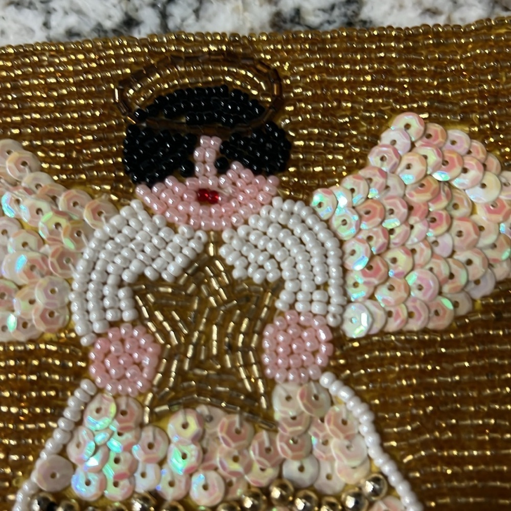 Vintage Angel Purse Beaded Ermo Wristlet Bag Coin Gold Christmas Holiday - Picture 3 of 10